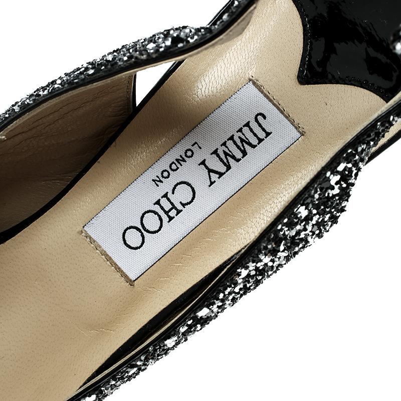 Women's Jimmy Choo Metallic Silver Coarse Glitter Clue Peep Toe Slingback Sandals Size 4