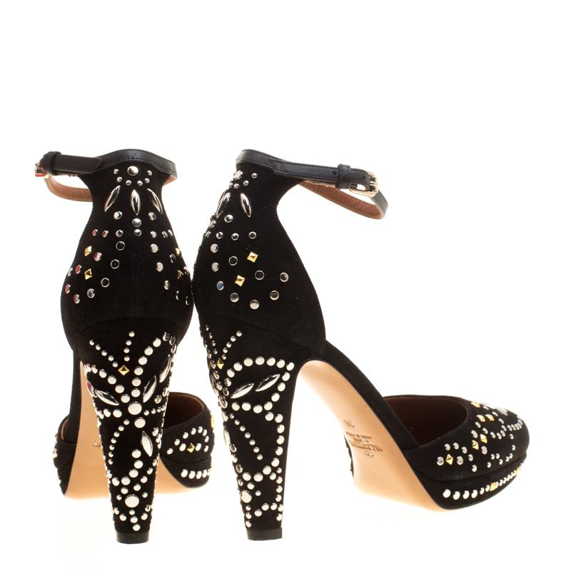 Valentino Black Leather And Embellished Suede Teodora Ankle Strap Platform Pumps In New Condition In Dubai, Al Qouz 2