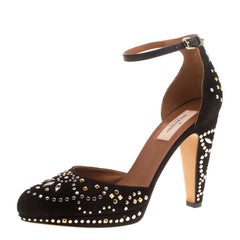 Valentino Black Leather And Embellished Suede Teodora Ankle Strap Platform Pumps