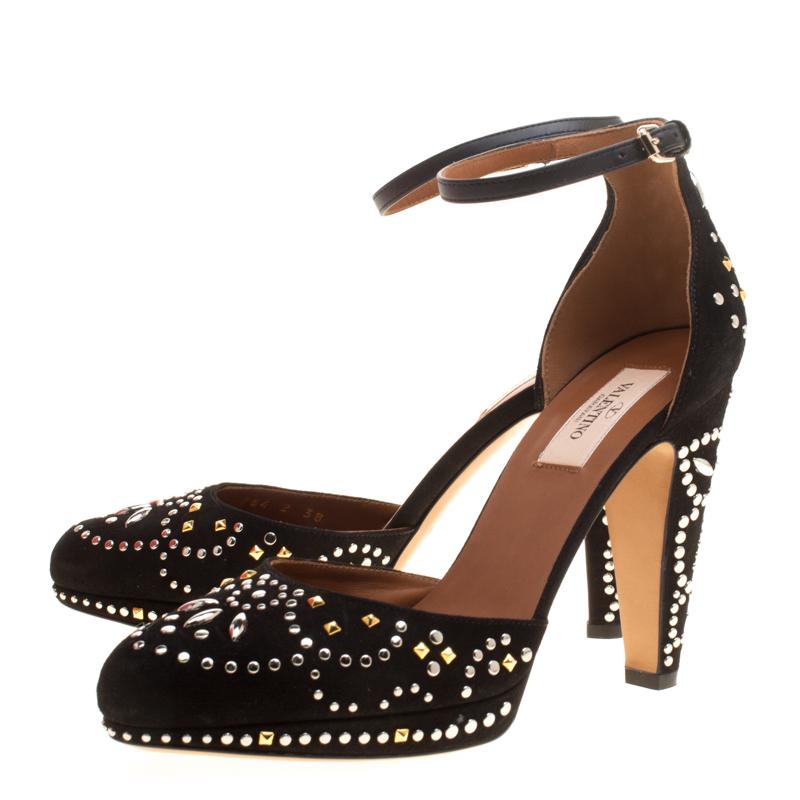 Women's Valentino Black Leather And Embellished Suede Teodora Ankle Strap Platform Pumps