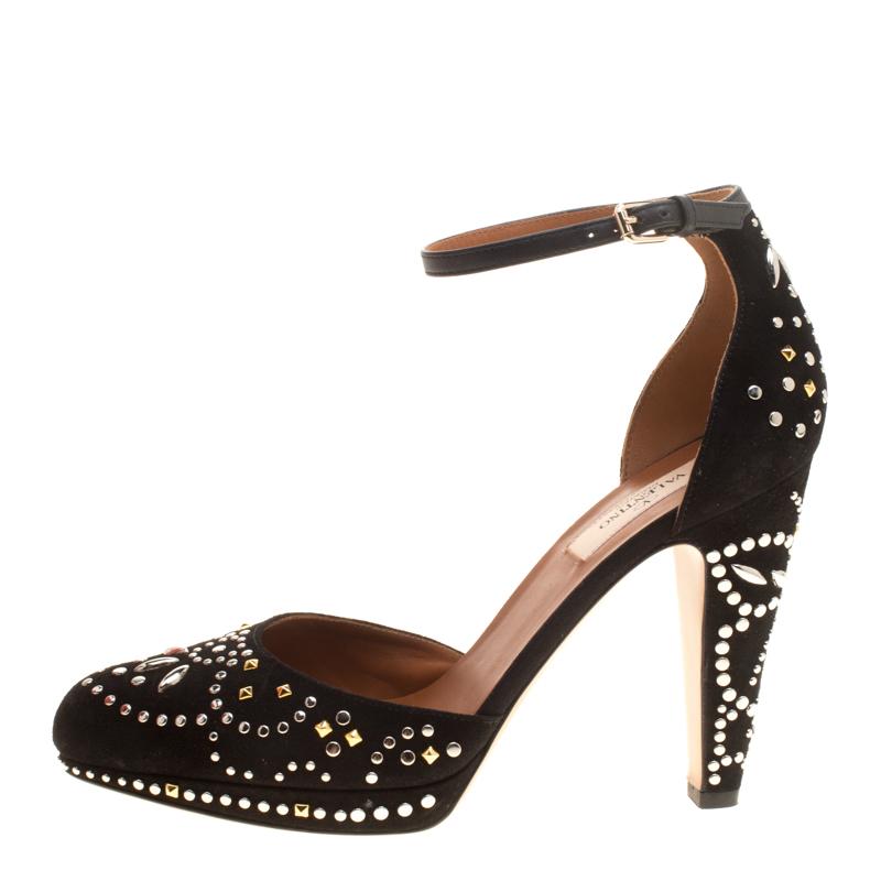 Valentino Black Leather And Embellished Suede Teodora Ankle Strap Platform Pumps 2