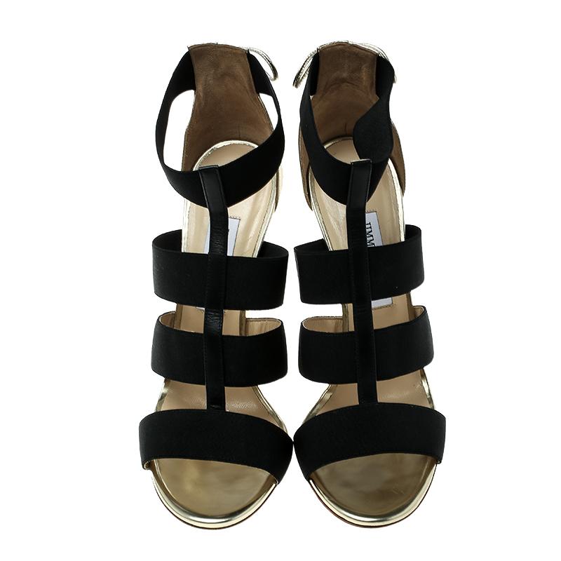 Charm your way with these fabulous sandals from Jimmy Choo. They are beautifully designed with lace-up leather counters and with straps made of elastic fabric so that you can easily slip them on. They feature comfortable insoles and 12 cm heels