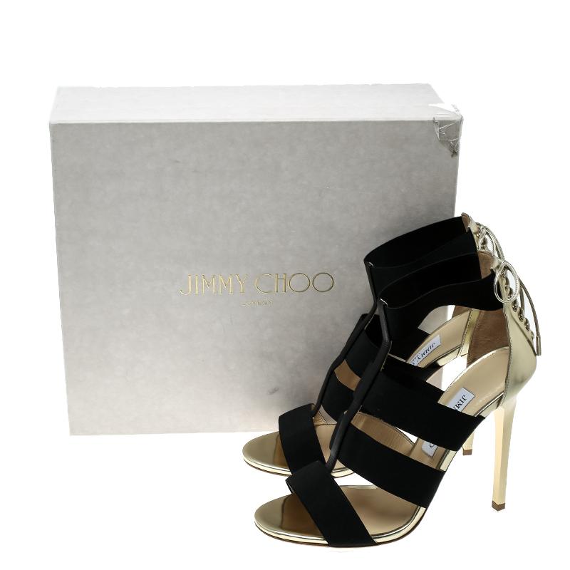 Jimmy Choo Black/Gold Elastic Strap and Leather Dulsa Lace Back Sandals Size 40 4