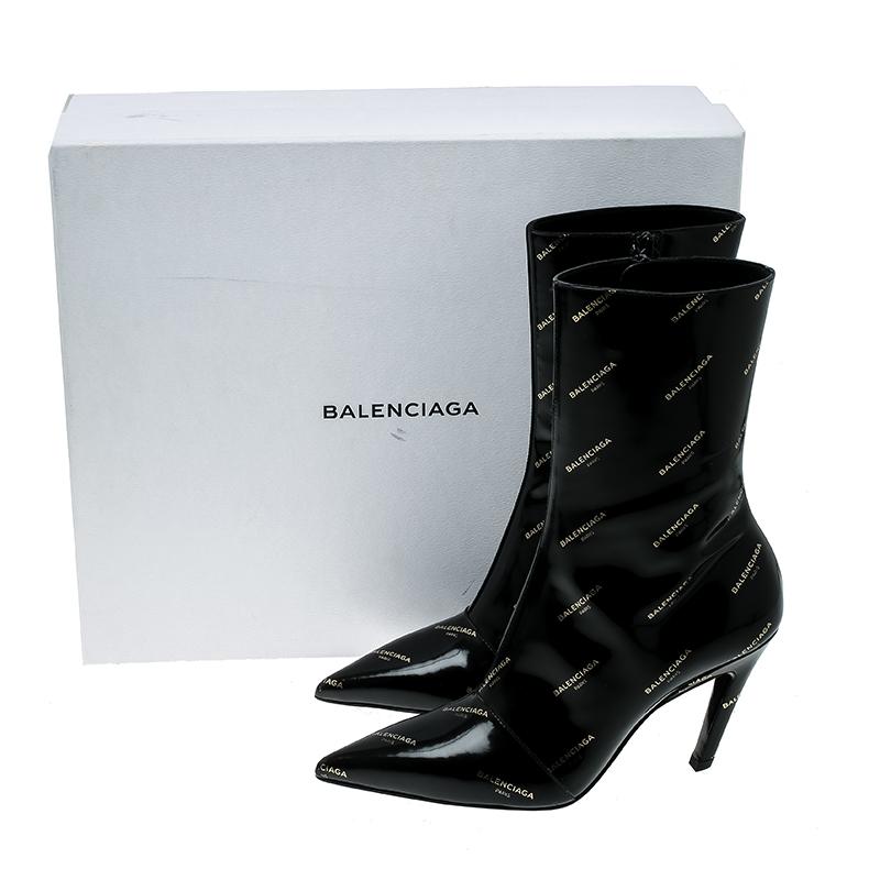 Women's Balenciaga Black Patent Leather All Over Logo Slash Heel Ankle Boots Size 36