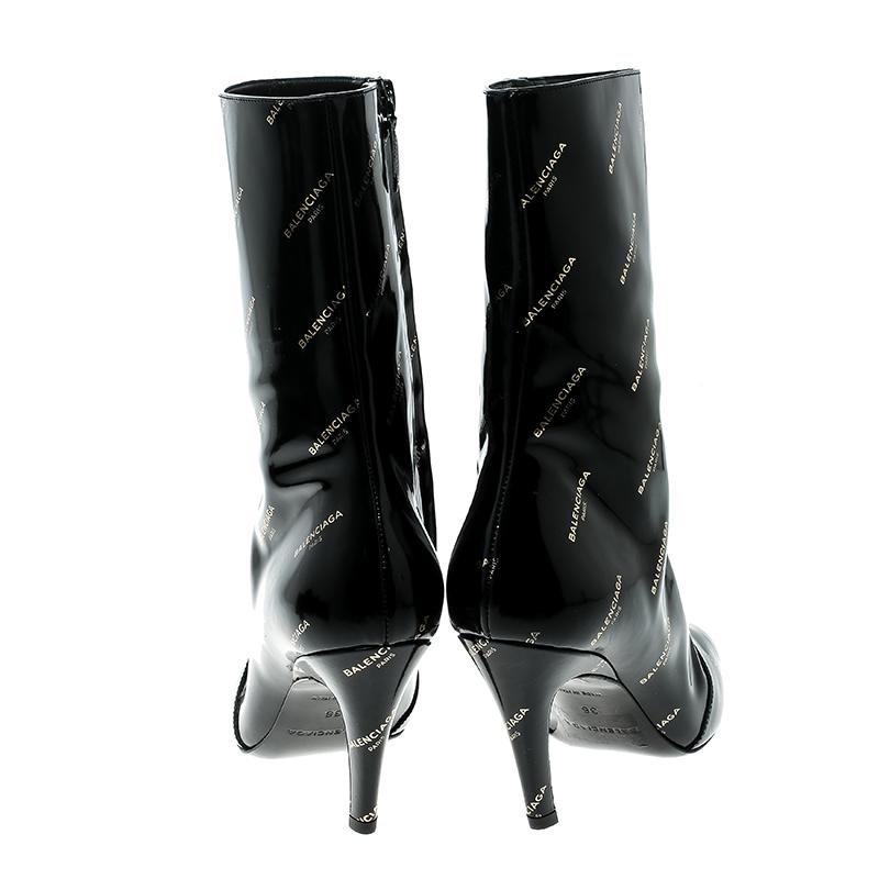 Balenciaga Black Patent Leather All Over Logo Slash Heel Ankle Boots Size 36 In Excellent Condition In Dubai, Al Qouz 2
