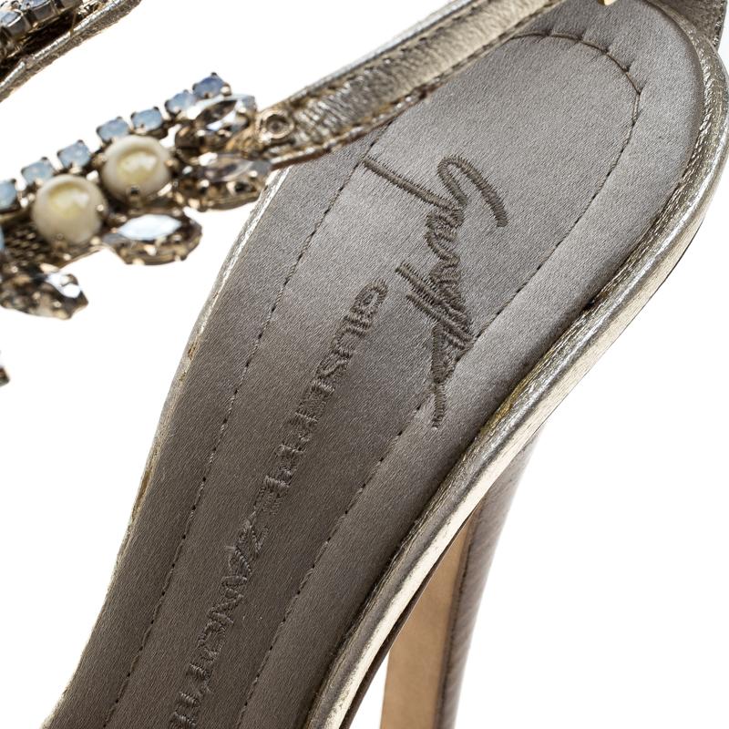 Giuseppe Zanotti Metallic Light Gold Leather Crystal Embellished Sandals Size 37 2