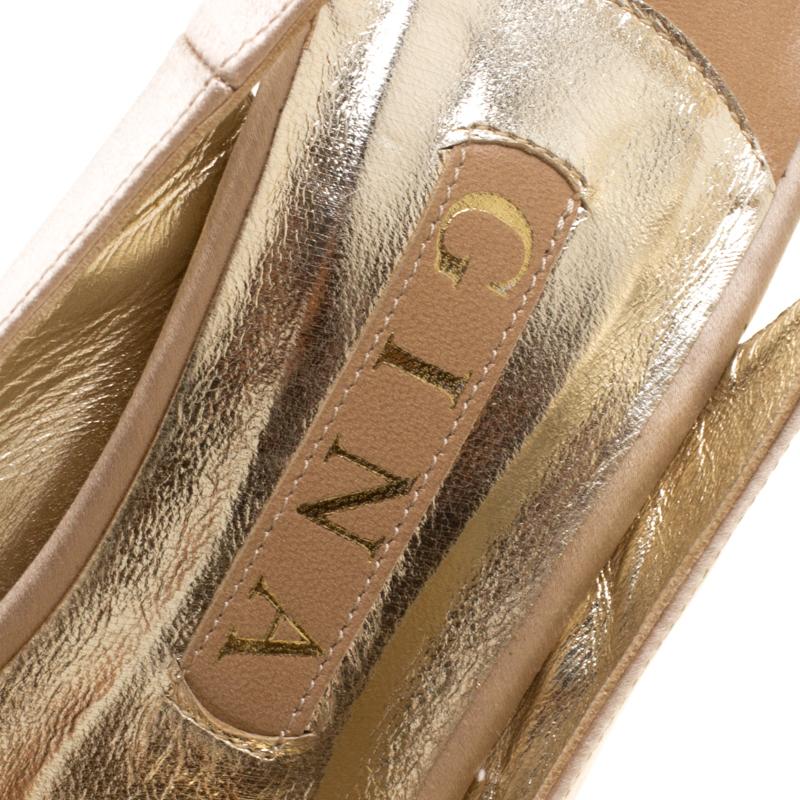 Gina Beige Satin Crystal Embellished Heel Peep Toe Slingback Sandals Size 38 4