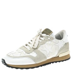 Valentino White Camouflage Canvas and Leather with Suede Star Slip On Sneakers S