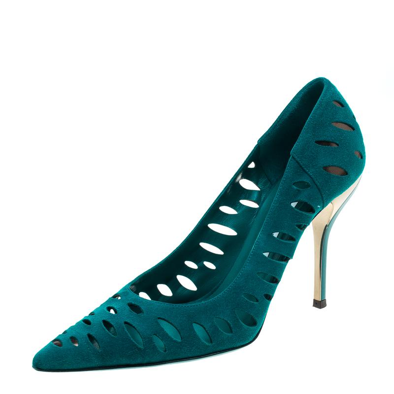 Jimmy Choo Teal Suede Talka Cutout Pumps Size 38.5