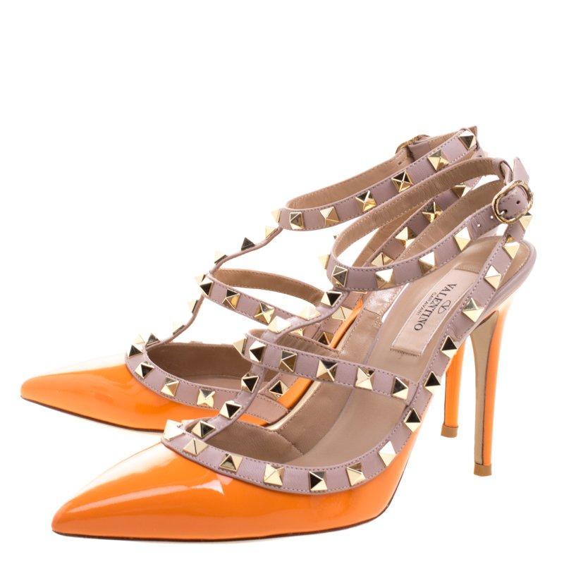Valentino Orange and Beige Patent Leather Rockstud Sandals Size 37 1