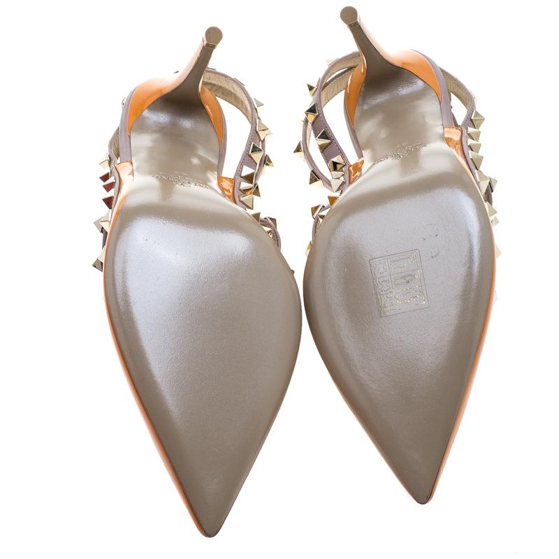 Women's Valentino Orange and Beige Patent Leather Rockstud Sandals Size 37