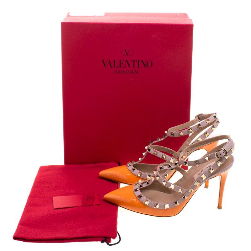 Valentino Orange and Beige Patent Leather Rockstud Sandals Size 37 3