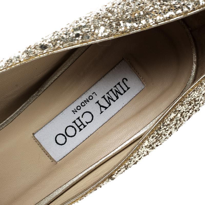 Women's Jimmy Choo Metallic Gold Coarse Glitter Crown Peep Toe Platform Pumps Size 39