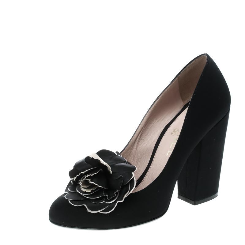 Chanel Black Satin Camellia Embellished Block Heel Pumps Size 39.5