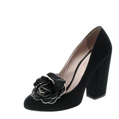 Chanel Black Satin Camellia Embellished Block Heel Pumps Size 39.5