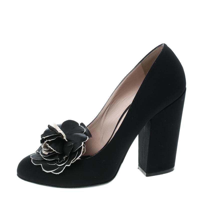 Chanel Black Satin Camellia Embellished Block Heel Pumps Size 39.5 1