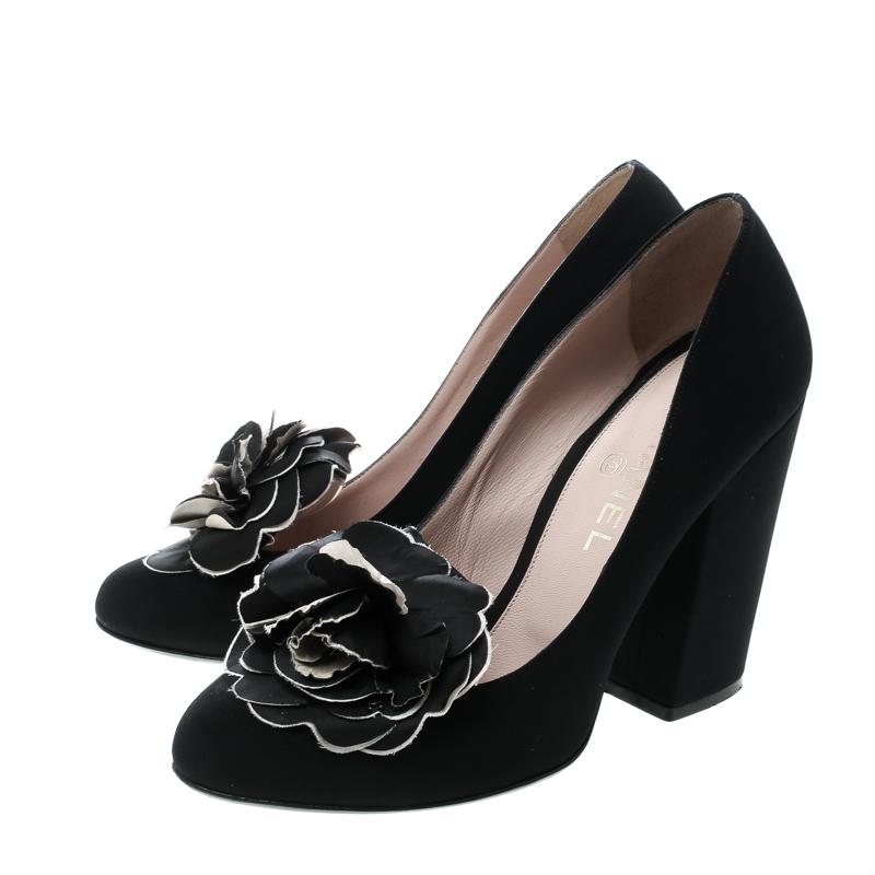 Chanel Black Satin Camellia Embellished Block Heel Pumps Size 39.5 2