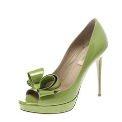 Valentino Lime Green Patent Leather Couture Bow Peep Toe Platform Pumps Size 38