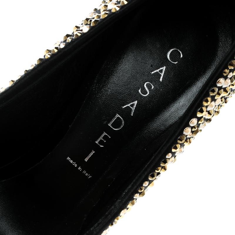 Women's Casadei Black Satin Swarovski Crystal Embellished Peep Toe Pumps Size 36.5