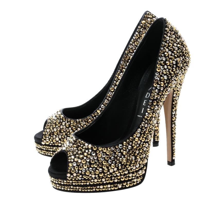 Casadei Black Satin Swarovski Crystal Embellished Peep Toe Pumps Size 36.5 3