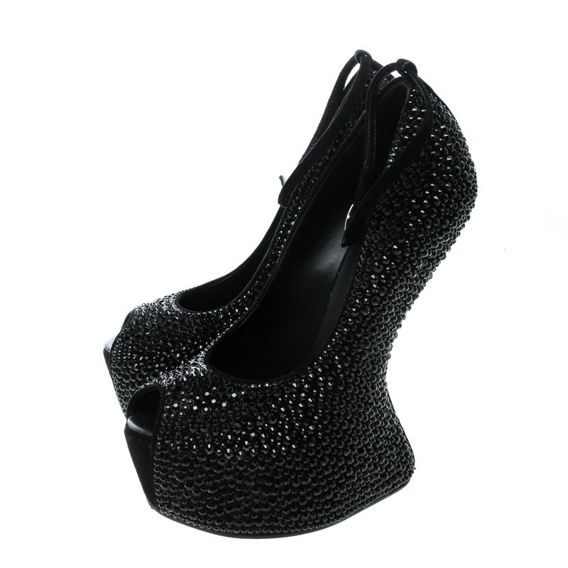 Women's Giuseppe Zanotti Black Suede Swarovski Crystal Embellished Slingback Heel Less P