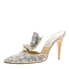 Manolo Blahnik Grey Floral Brocade Fabric Fan Pleat Detail Pointed Toe Mules Siz