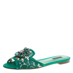Dolce and Gabbana Green Lace Sofia Crystal Embellished Slides Size 38.5