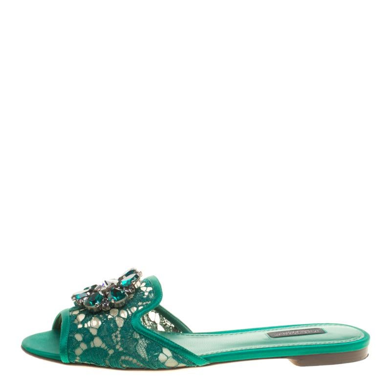 Dolce and Gabbana Green Lace Sofia Crystal Embellished Slides Size 38.5 3