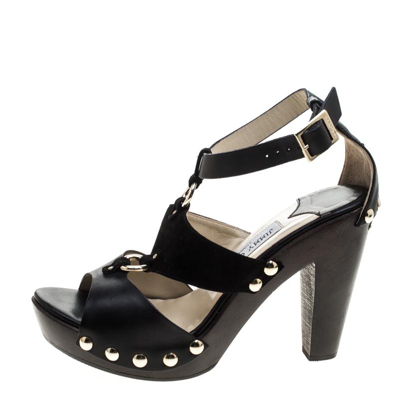 Jimmy Choo Black/Brown Leather and Suede Studded Ankle Strap Sandals Size 38 2