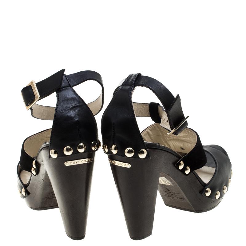 Jimmy Choo Black/Brown Leather and Suede Studded Ankle Strap Sandals Size 38 In New Condition In Dubai, Al Qouz 2