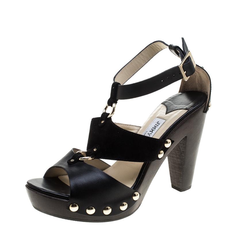 Jimmy Choo Black/Brown Leather and Suede Studded Ankle Strap Sandals Size 38