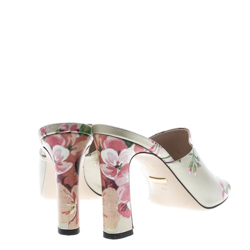 Beige Gucci Multicolor Bloom Print Leather Shanghai Mules Size 39