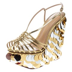 Charlotte Olympia Metallic Gold Leather Poseidon Disc Embellished Wedge Platform