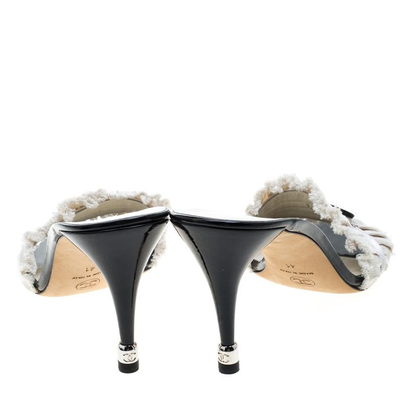 Gray Chanel White Pleated Fabric Fringe Detail Bow Slides Size 41