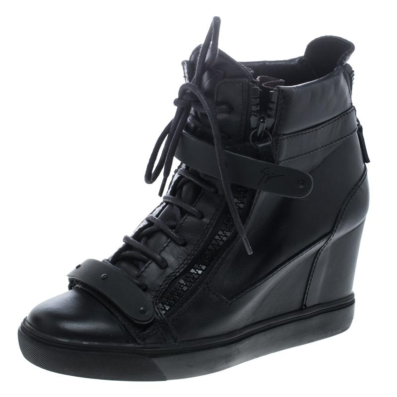 Giuseppe Zanotti Black Leather Lorenz Wedge Sneakers Size 41