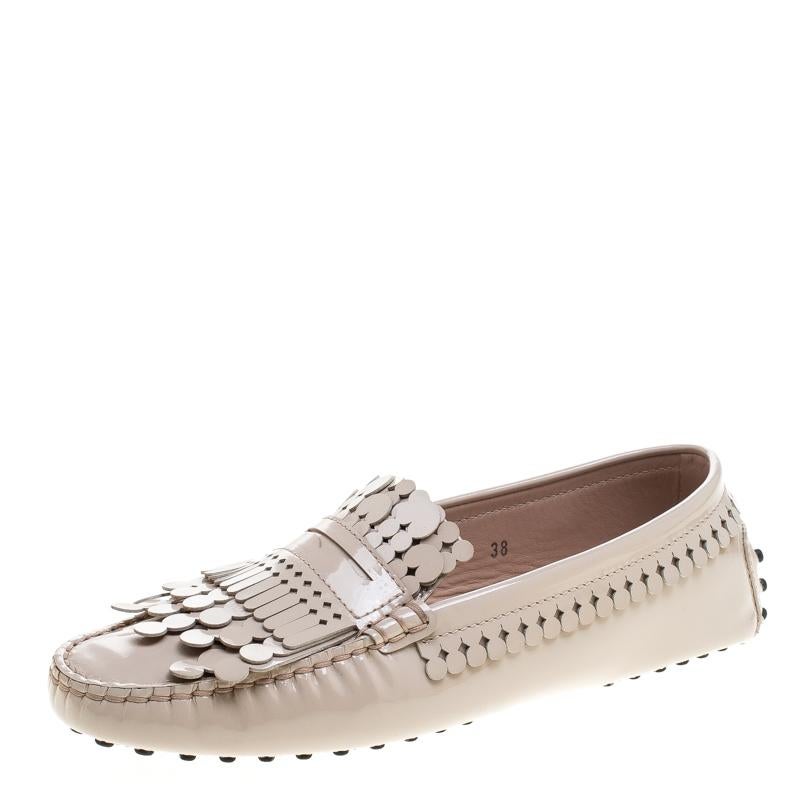 Tod's Beige Patent Leather Gommini Heaven Fringe Penny Loafers Size 38