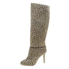 Charlotte Olympia Beige Leopard Print Pony Hair Corine Knee High Boots Size 36