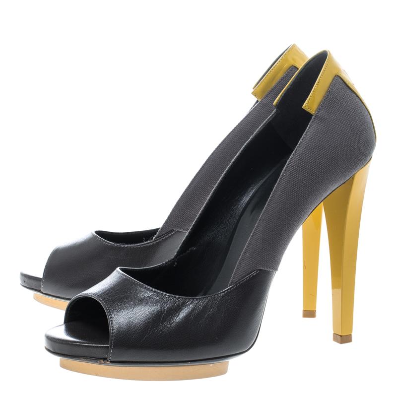 Balenciaga Grey/Yellow Canvas and Leather Peep Toe Pumps Size 38.5 2