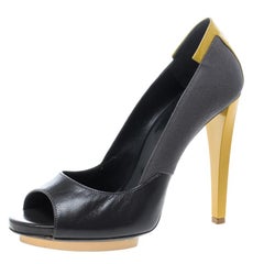 Balenciaga Grey/Yellow Canvas and Leather Peep Toe Pumps Size 38.5