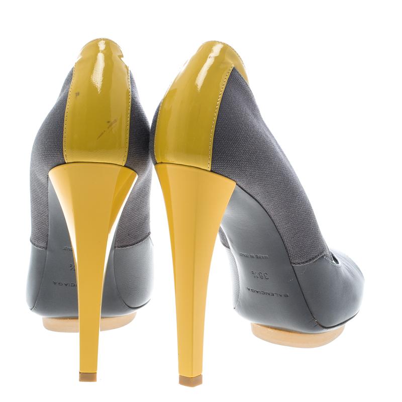 Black Balenciaga Grey/Yellow Canvas and Leather Peep Toe Pumps Size 38.5