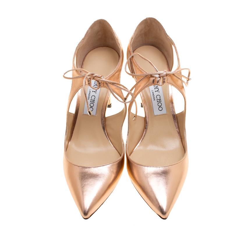 Jimmy Choo Metallic Tea Rose Leather Vanessa Pointed Toe Cut Out Pumps Size 39