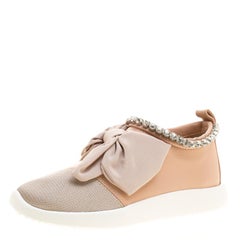 Giuseppe Zanotti Blush Pink Leather and Mesh Panel Bow Crystal Trim Sneakers Siz