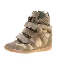 Used Isabel Marant Moos Green Suede Bekett Wedge Sneakers Size 38