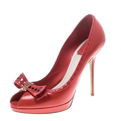 Dior Coral Leather Bow Peep Toe Platform Pumps Size 41