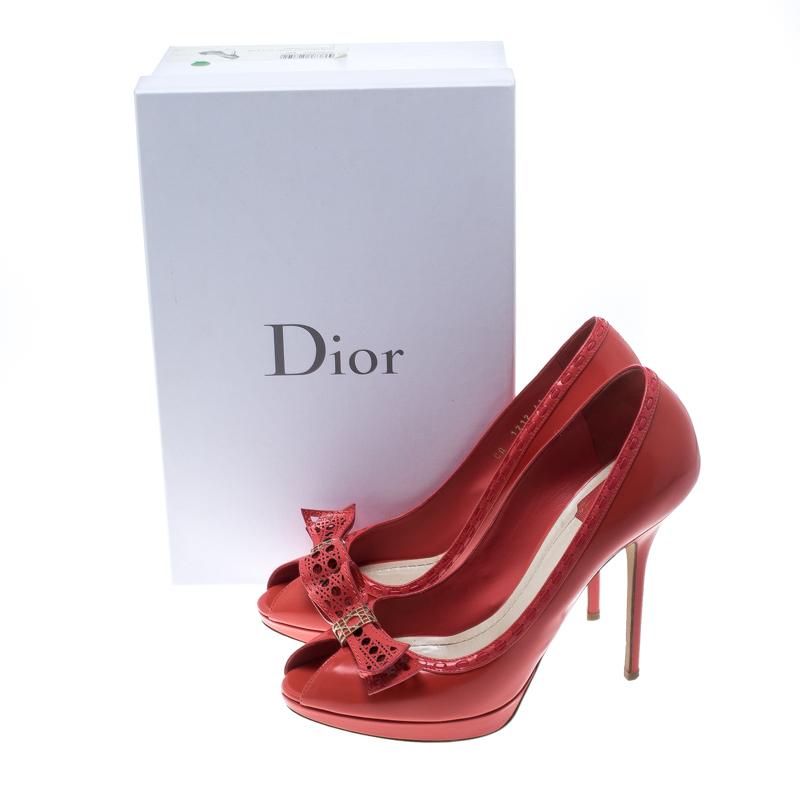 Dior Coral Leather Bow Peep Toe Platform Pumps Size 41 3