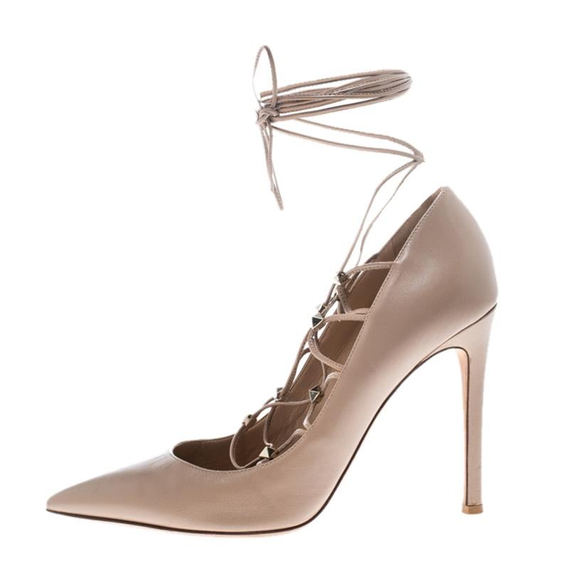 Valentino Beige Leather Rockstud Lace Up Pointed Toe Pumps Size 38 2