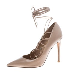 Valentino Beige Leather Rockstud Lace Up Pointed Toe Pumps Size 38