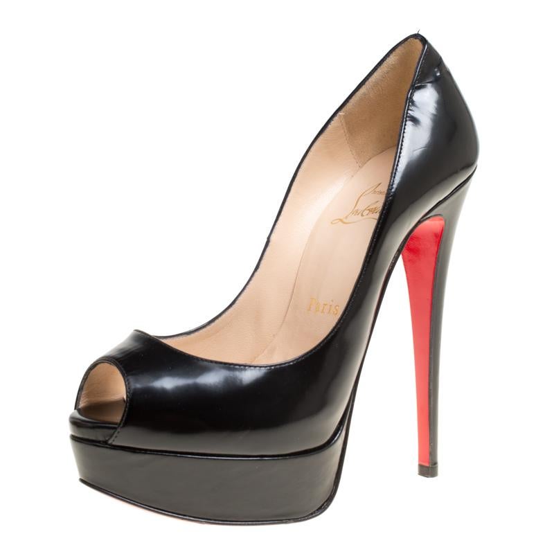 Christian Louboutin Black Leather Lady Peep Toe Platform Pumps Size 36