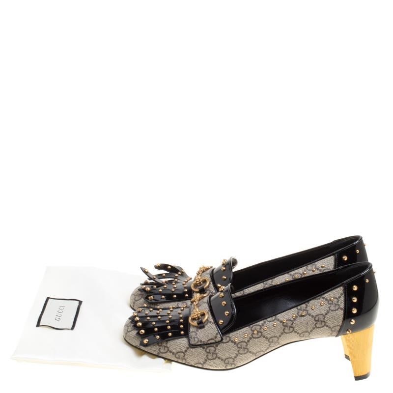 Gucci Beige/Black GG Supreme Canvas and Patent Leather Studded Fringe Loafer Pum In Good Condition In Dubai, Al Qouz 2