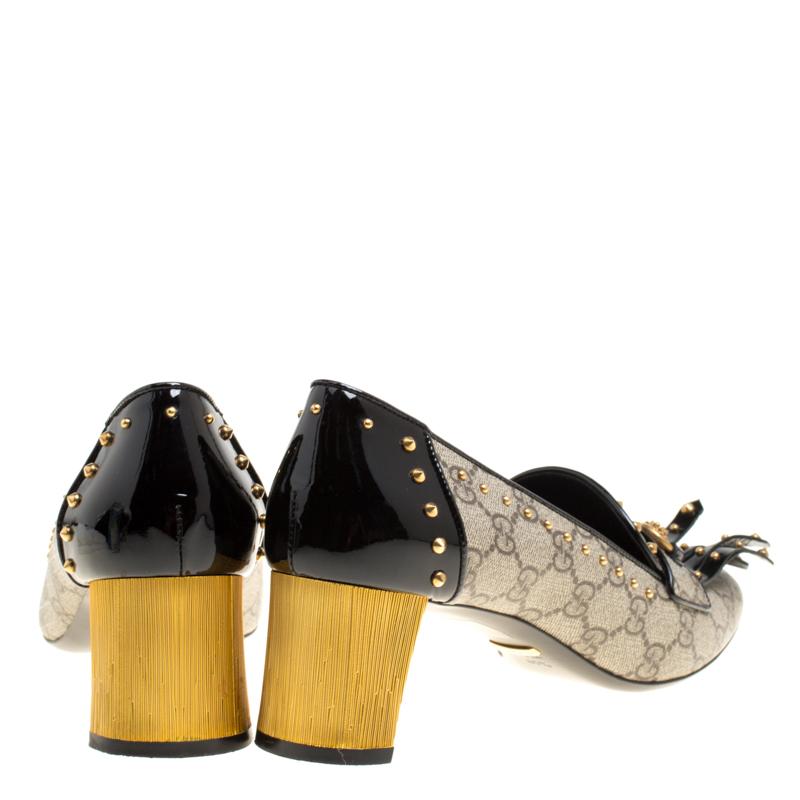 Brown Gucci Beige/Black GG Supreme Canvas and Patent Leather Studded Fringe Loafer Pum
